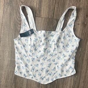 New Hollister Floral White and Blue Women's Top Medium